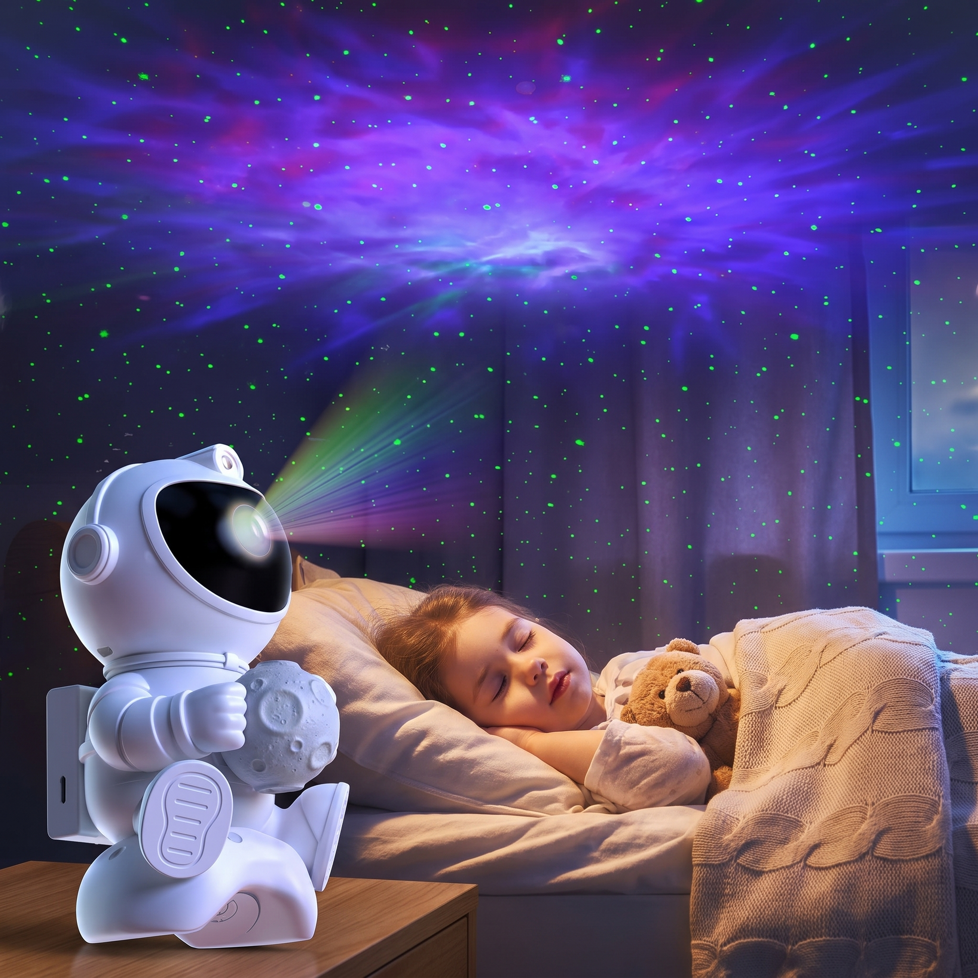 Niño durmiendo con el proyector galaxia Lunova Nyx